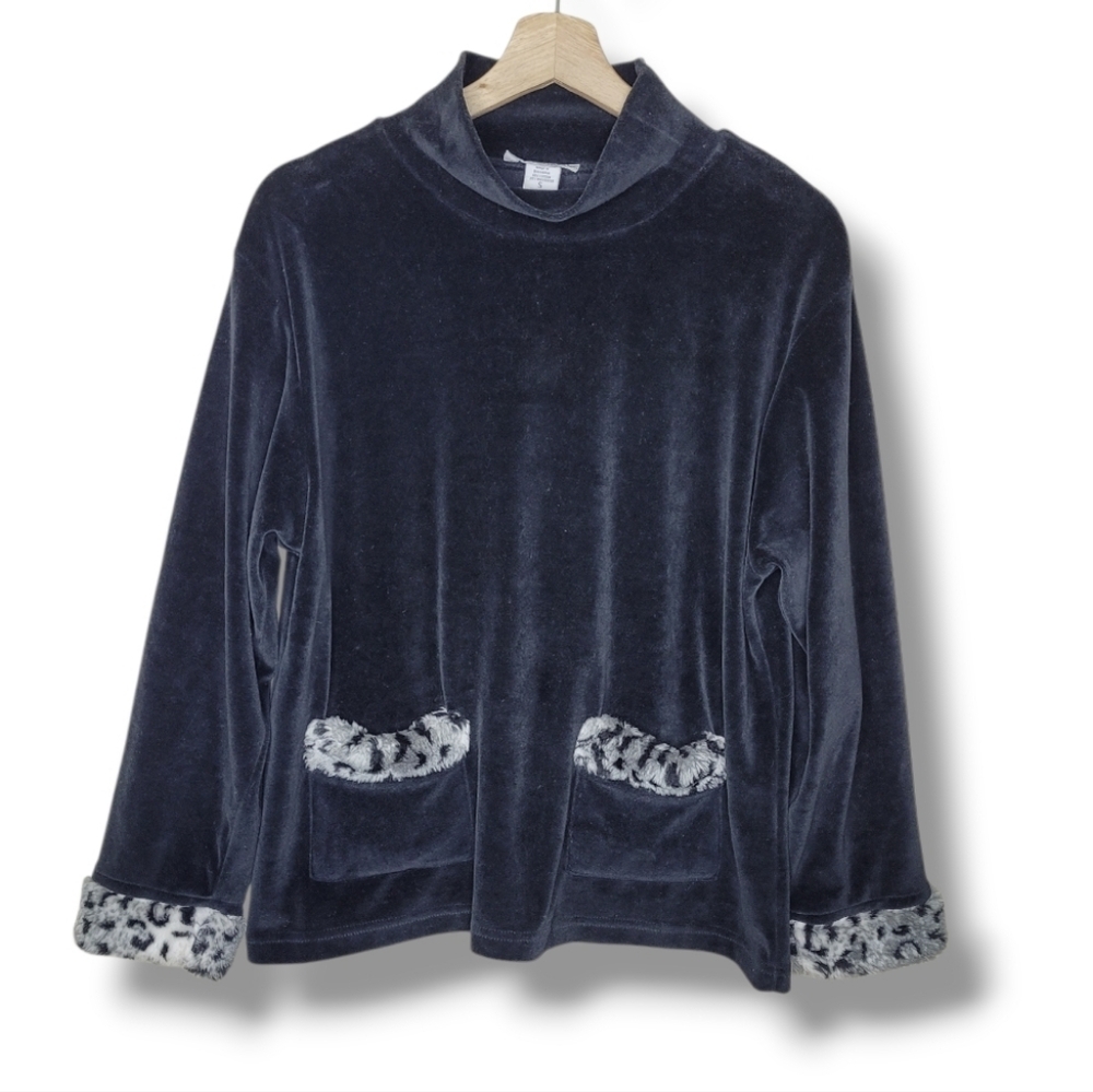 Onque Casual Vintage Velour Pullover Faux Fur Trim Pockets Size Small